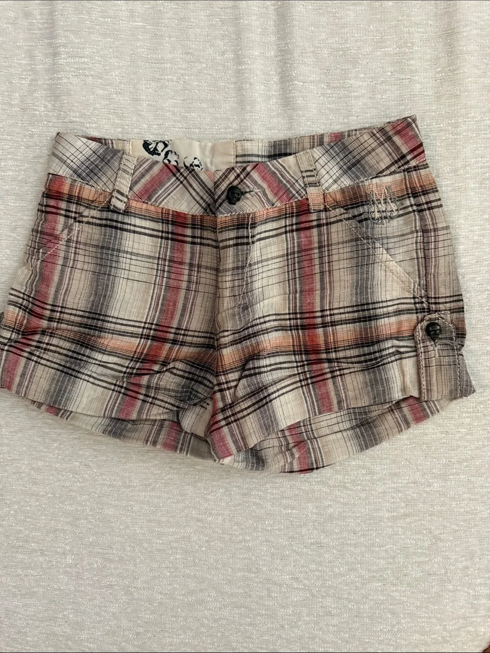 Miss Me Plaid Cotton-Blend Shorts in Beige, Red and Black